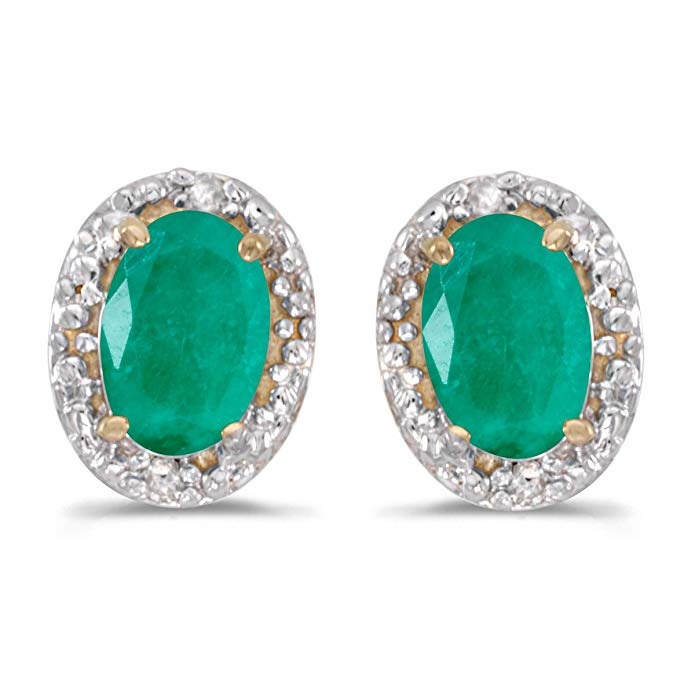 14k Yellow Gold Oval Emerald And Diamond Earrings