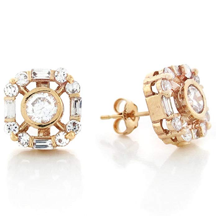 10k Real Solid Gold 4.5mm Round CZ Center Stone Cluster Post Earring