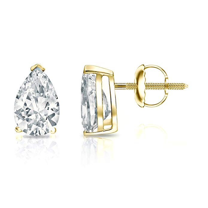 14k Yellow Gold Pear-cut Diamond SIMULANT CZ STUD Earrings V-End Prong(1/2-2ct,Excellent Quality)