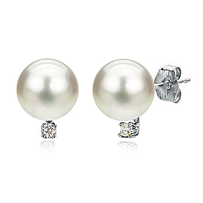 14K White Gold Cultured Freshwater White Pearl Stud Earrings Diamond Jewelry for Women 1/50 CTTW